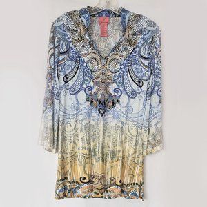 V Cristina Embellished Tunic Top M Med NWOT Silver Gold Boho Yellow Stretch